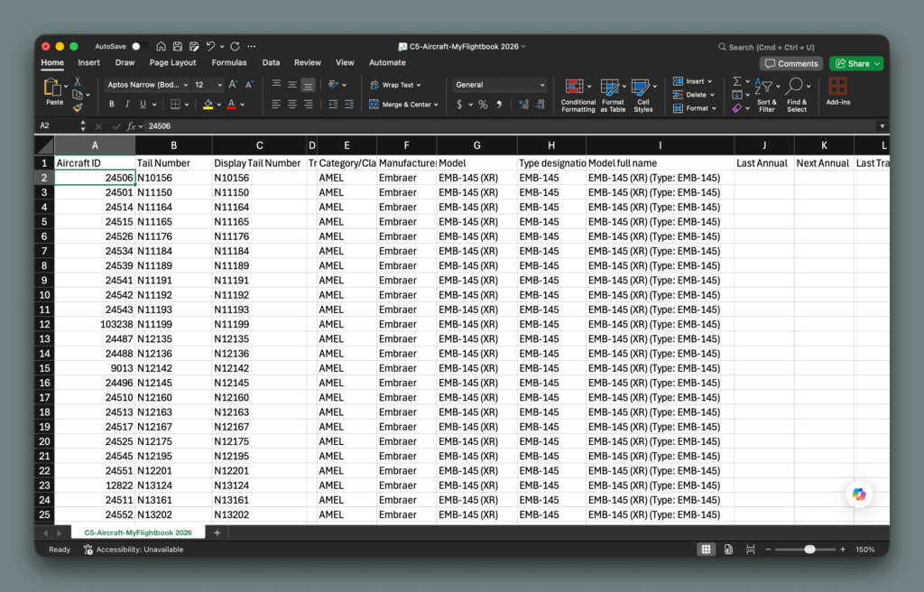 Preview of a CSV file showing a list of aircraft and their tail numbers.